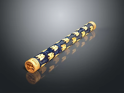 Decorative Long Cylindrical Item With Blue Surface And Gold Ornate Patterns 3d model