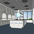 Modern Laboratory Interior With Lab Benches Cabinets Ceiling Lights And Blue Flooring 3d model