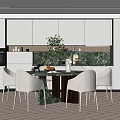 Modern Restaurant Interior With Marble Dining Table Beige Chairs And Green Plant Decoration