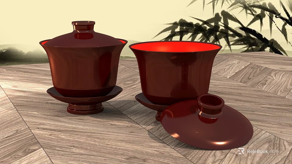 Red Ceramic Tea Set With Lid And Cups On Wooden Table With Bamboo Leaves 3d model 