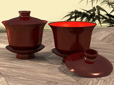 Red Ceramic Tea Set With Lid And Cups On Wooden Table With Bamboo Leaves 3d model