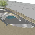 Park Landscape with Curved Water Feature Stone Steps Pathways Green Lawns and Trees