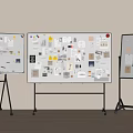 Creative Design Sketches Notes Photos and Materials on Three Whiteboards