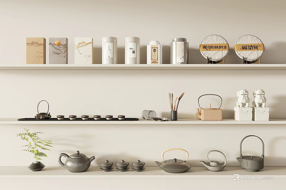 Stylish Tea Set Display With Multiple Teapots Teacups Packaged Items On Shelves And Green Plant 3d model 