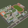 Modern School Campus Buildings Surrounded by Green Trees With Red Running Track and Sports Field