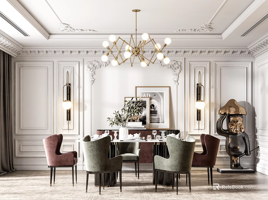 Elegant Dining Set With Chairs Chandelier And Wall Art In Modern Interior 3d model 