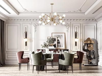 Elegant Dining Set With Chairs Chandelier And Wall Art In Modern Interior 3d model