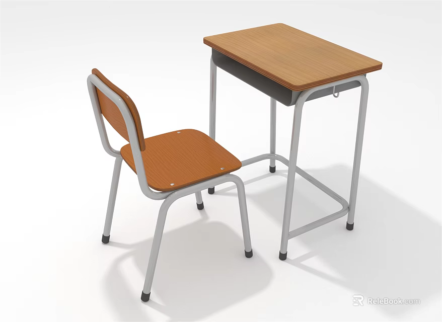 Wooden Top School Desk With Orange Seat Chair And Metal Frame 3d model 