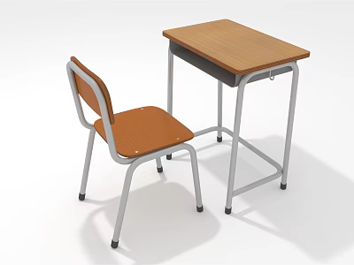 Wooden Top School Desk With Orange Seat Chair And Metal Frame 3d model