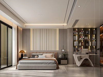 Modern Bedroom Interior With Striped Headboard Bed Bookshelf Desk And Lighting 3d model