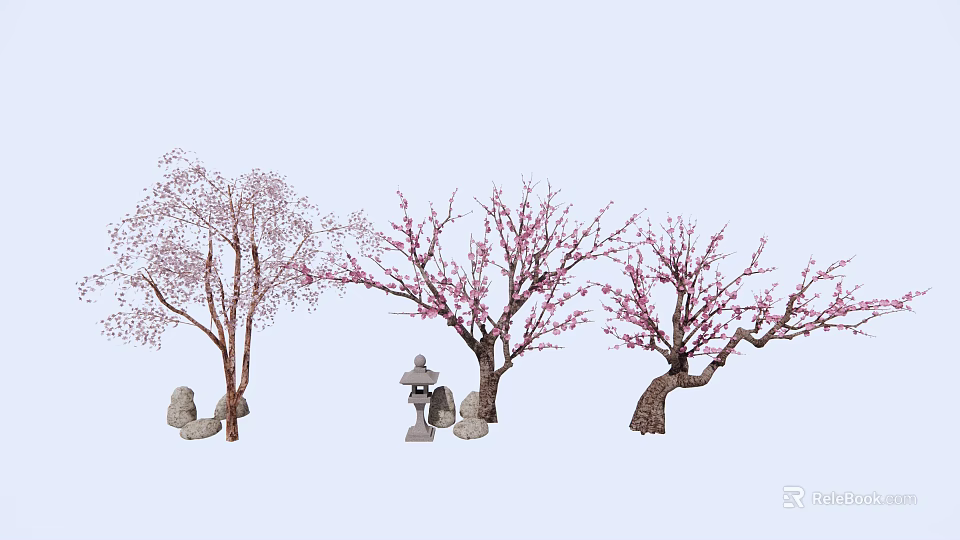 Pink Blossom Arbor Trees With Stone Lanterns And Decorative Stones In Garden 3d model 
