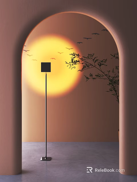 Modern Floor Lamp in Arched Doorway with Sunset Flying Birds and Tree Branch 3d model 