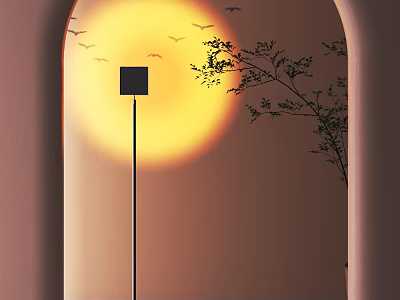 Modern Floor Lamp in Arched Doorway with Sunset Flying Birds and Tree Branch 3d model