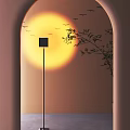 Modern Floor Lamp in Arched Doorway with Sunset Flying Birds and Tree Branch