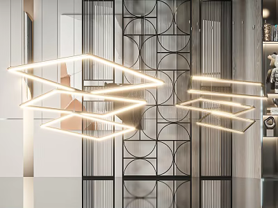 Modern Interior Space With Stylish Geometric Linear LED Pendant Lights And Black Decorative Screen 3d model
