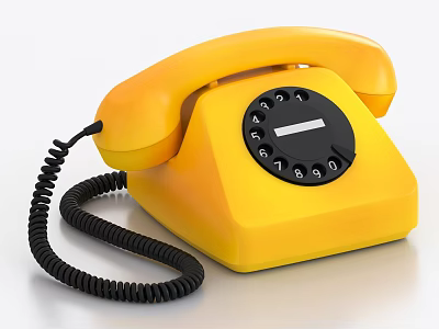 Vintage Yellow Telephone With Rotary Dial And Black Curly Cord On White Background 3d model