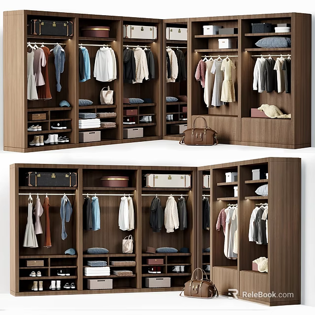 Modern Wooden Dresser with Hanging Folded Clothes Storage Bags and Shoes 3d model 