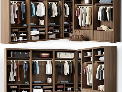 Modern Wooden Dresser with Hanging Folded Clothes Storage Bags and Shoes 3d model