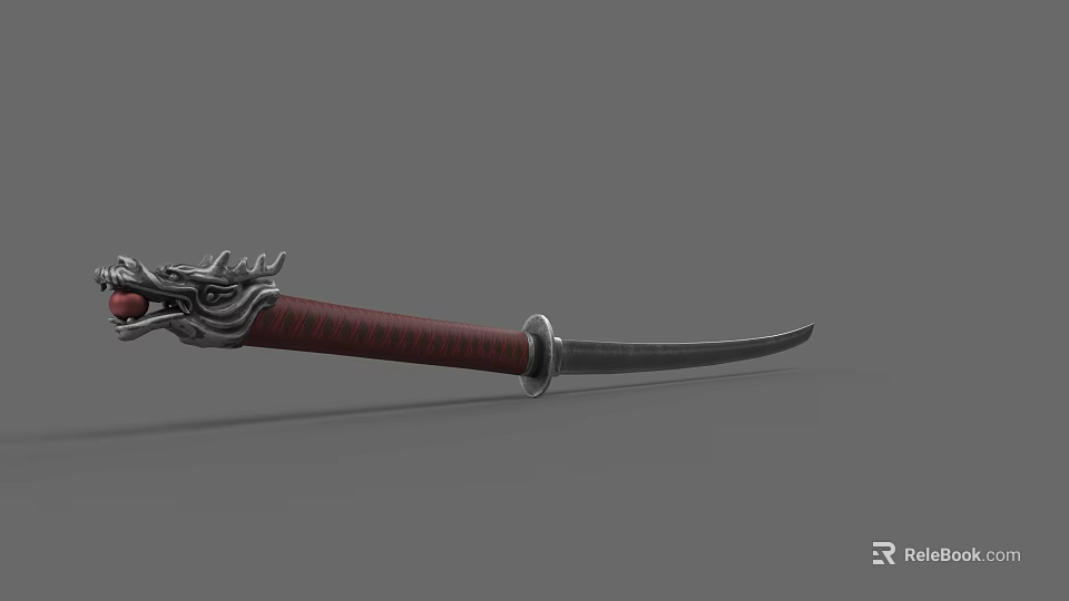 Traditional Weapon With Dragon Decorated Red Grip And Black Sharp Blade 3d model