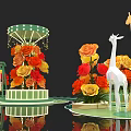 Floral Art Installation With Green Base Central Column Orange Red Flowers Deer And Lamp Decor