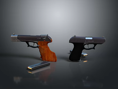 Two Different Designed Pistols With Wooden Grip And Black Body Magazines 3d model Two Different Designed Pistols With Wooden Grip And Black Body Magazines 3d model