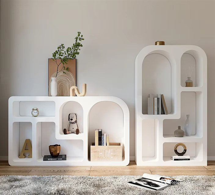 Two White Modern Decorative Cabinets With Arch Open Shelves And Green Plant Photo Frame Books 3d model 