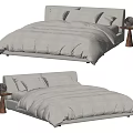Modern Double Bed With Soft Gray Bedding Wooden Nightstand And Round Lamp