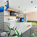 Healthy Milk Tea Shop Red Facade Transparent Glass Doors Seaside Sunset Bar Counter And Seating