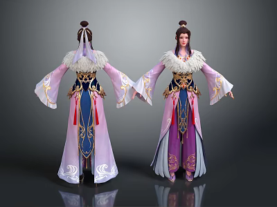 Two Traditional Chinese Female Characters In Purple Blue Costumes With Feather Trim And Golden Patterns 3d model