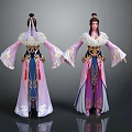Two Traditional Chinese Female Characters In Purple Blue Costumes With Feather Trim And Golden Patterns