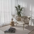 Cozy Rattan Armchair With Green Plant Wooden Stump Table Light Curtains And Carpet