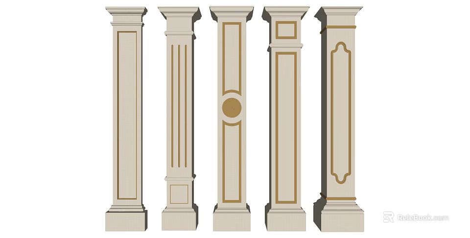 Different Styles Of Roman Columns With Gold Accents And Intricate Decorative Patterns 3d model 