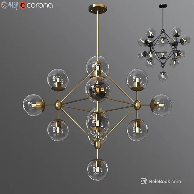 Modern Geometric Chandelier With Brass Frame Transparent Glass Globes And LED Bulbs 3d model 