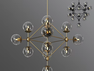 Modern Geometric Chandelier With Brass Frame Transparent Glass Globes And LED Bulbs 3d model