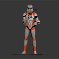 Armored Character In Red Gray Armor Holding Weapon Standing On Detailed Base