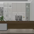 Modern Office Desk With Wooden Top Black Marble Base Computer Monitor And Green Plant