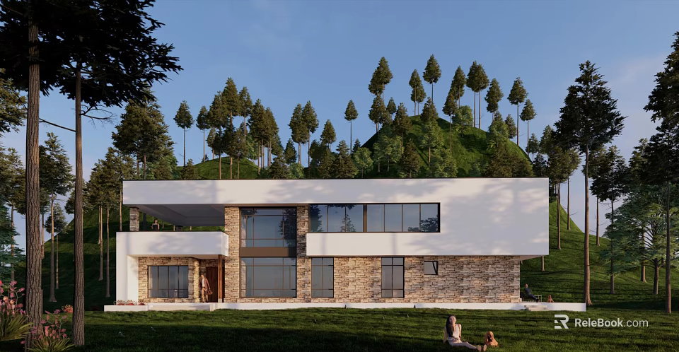Modern Detached Villa Exterior With Stone Walls Large Windows And Green Surroundings 3d model 