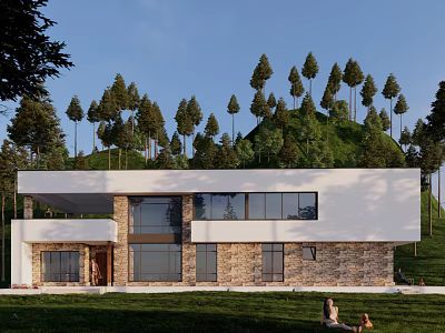 Modern Detached Villa Exterior With Stone Walls Large Windows And Green Surroundings 3d model