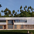 Modern Detached Villa Exterior With Stone Walls Large Windows And Green Surroundings