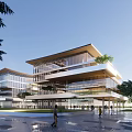 Modern Multi Storey Office Building With Glass Curtain Walls Green Trees And Pedestrian Plaza