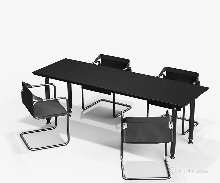 Modern Black Conference Table With Four Metal Frame Chairs And Minimalist Design 3d model 