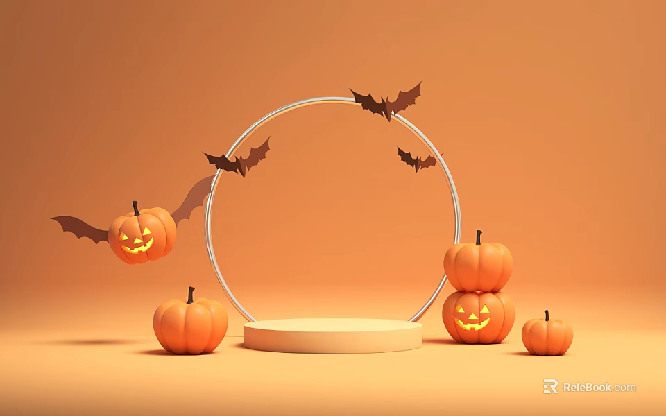 Halloween Decorative Display With Orange Pumpkins Bats And Circular Stand 3d model