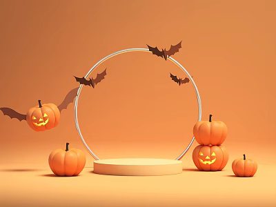 Halloween Decorative Display With Orange Pumpkins Bats And Circular Stand 3d model