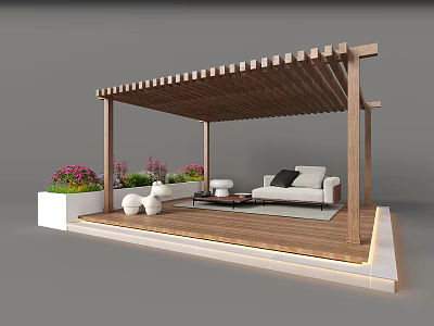 Wooden Pergola Outdoor Living Space With Sofa Coffee Table And Flower Planters 3d model