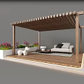 Wooden Pergola Outdoor Living Space With Sofa Coffee Table And Flower Planters
