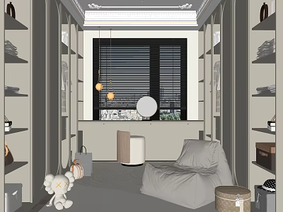 Modern Walk in Closet Interior With Open Shelves Cozy Seating And Pendant Lighting 3d model