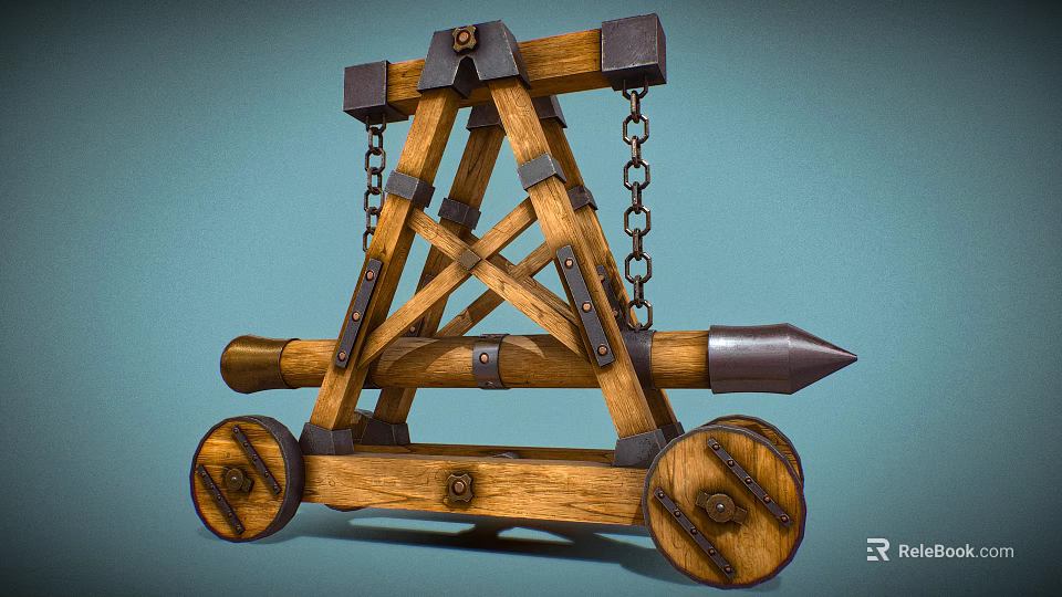Ancient Wooden Siege Weapon with Wheels Chains and Metal Spike Reinforcements 3d model 