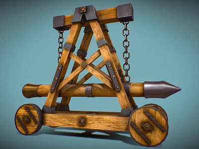 Ancient Wooden Siege Weapon with Wheels Chains and Metal Spike Reinforcements 3d model