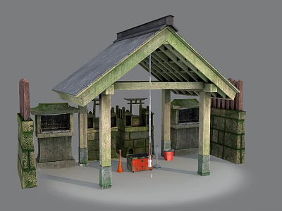 Traditional Rural Pavilion Structure With Stone Walls Wooden Beams And Garden Tools 3d model