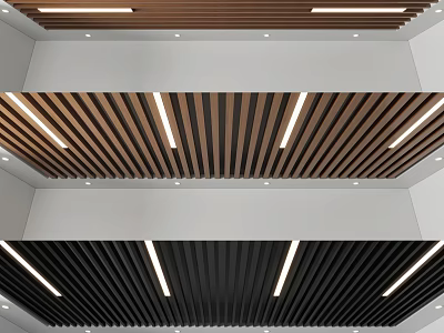 Modern Ceiling Design With Wooden Slats And LED Strip Lights In Different Colors 3d model